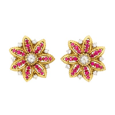 Lot 37 - Pair of Gold, Platinum, Diamond and Ruby Flower Earclips, France