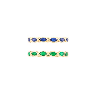 Lot 361 - Pair of Gold, Sapphire and Emerald Band Rings, Cartier