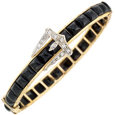 Lot 417 - Antique Two-Color Gold, Black Onyx and Diamond Bangle Bracelet