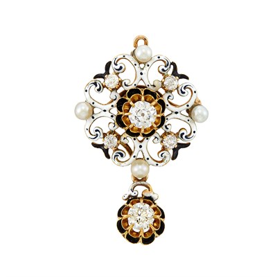 Lot 420 - Antique Gold, Enamel, Diamond and Seed Pearl Pendant-Brooch