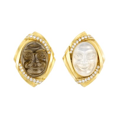 Lot 534 - Pair of Gold, Carved Smokey Quartz and Moonstone and Diamond Earclips, Hammerman Brothers
