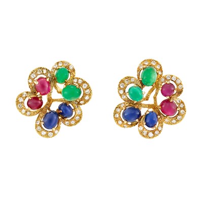Lot 201 - Pair of Gold, Cabochon Colored Stone and Diamond Flower Earclips, France