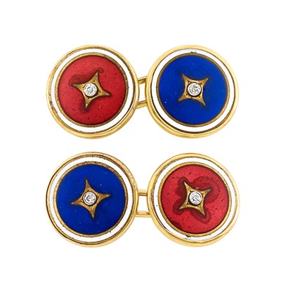 Lot 431 - Pair of Gold, Enamel and Diamond Cufflinks