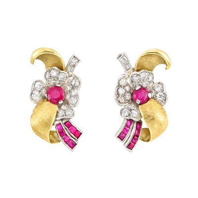 Lot 240 - Pair of Gold, Platinum, Ruby and Diamond Earclips