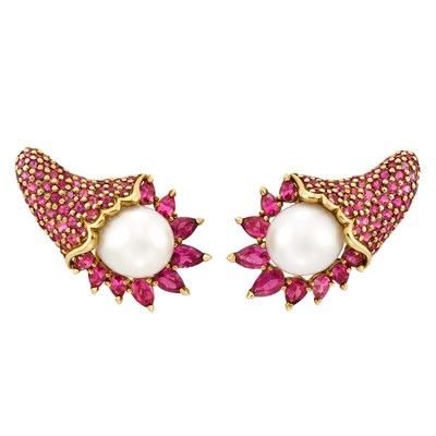 Lot 163 - Pair of Gold, South Sea Cultured Pearl and Pink Tourmaline Cornucopia Earclips, France