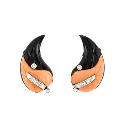 Lot 116 - Pair of White Gold, Coral, Black Onyx and Diamond Earclips