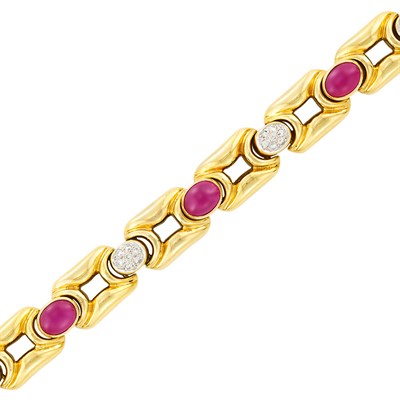 Lot 36 - Gold, Cabochon Ruby and Diamond Bracelet