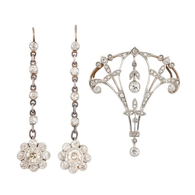Lot 76 - Pair of Antique Silver, Gold, Yellowish-Brown Diamond and Diamond Pendant-Earrings and Platinum, Gold and Diamond Brooch