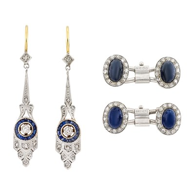 Lot 448 - Pair of Platinum, Gold, Cabochon Sapphire and Diamond Cufflinks and Pair of Pendant-Earrings