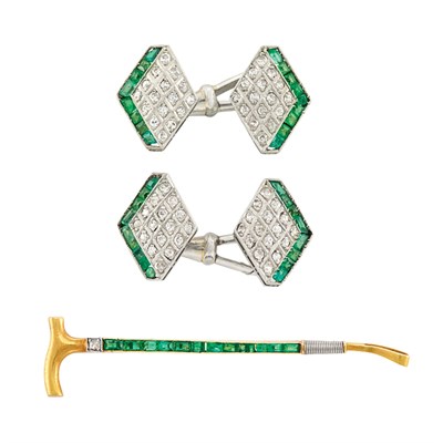 Lot 435 - Gold, Platinum, Emerald and Diamond Pin, Lacloche Freres, Paris, and Pair of Platinum, Diamond and Emerald Cufflinks