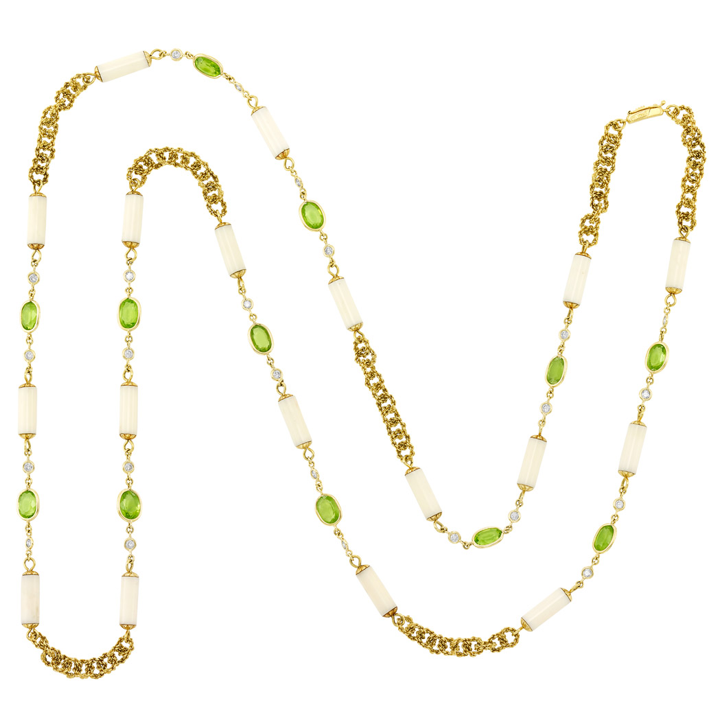 Lot 79 - Long Gold, White Coral, Peridot and Diamond Chain Necklace
