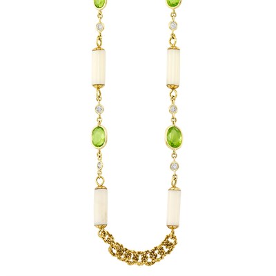 Lot 79 - Long Gold, White Coral, Peridot and Diamond Chain Necklace