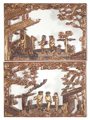 Lot 400 - Pair of Chinese Gilt and Painted Wood Panels...