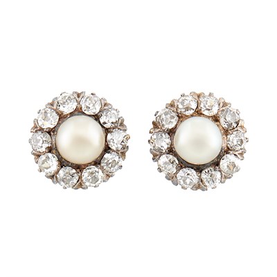 Lot 79 - Pair of Antique Silver, Gold, Natural Button Pearl and Diamond Earrings
