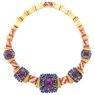 Lot 189 - Gold, Cabochon Amethyst, Sapphire Bead, Ruby and Diamond Necklace