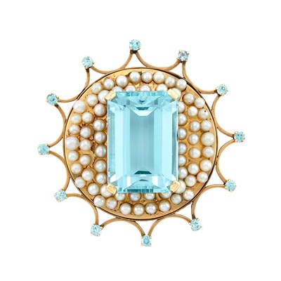 Lot 245 - Gold, Aquamarine and Cultured Pearl Pendant-Brooch