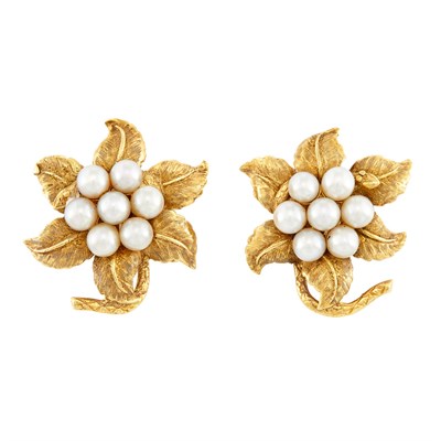 Lot 211 - Pair of Gold and Cultured Pearl Flower Earclips