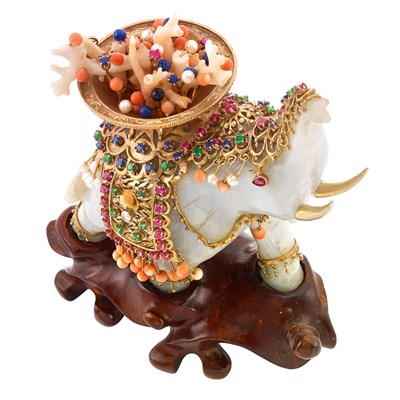 Lot 661 - Carved Jade, Gold, Wood, Diamond, Coral, Lapis, Cultured Pearl and Colored Stone Elephant Desk Objet