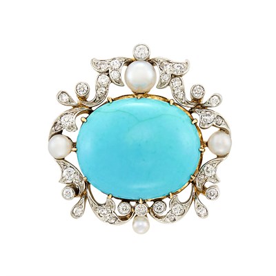 Lot 107 - Antique Platinum, Gold, Turquoise, Pearl and Diamond Pendant-Brooch