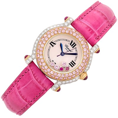 Lot 280 - Lady's Rose and White Gold, Pink Diamond, Diamond and Ruby 'Happy Sport' Wristwatch, Chopard