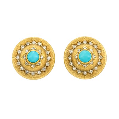 Lot 644 - Pair of Gold, Turquoise and Diamond Earclips