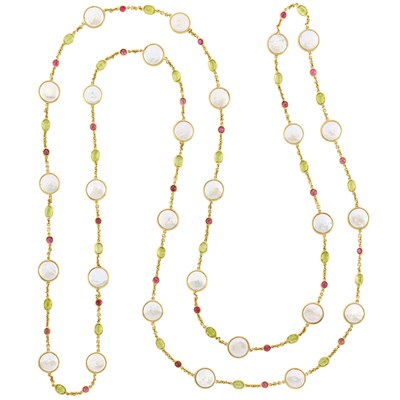 Lot 149 - Pair of Long Gold, Freshwater Pearl, Peridot and Pink Tourmaline Chain Necklaces