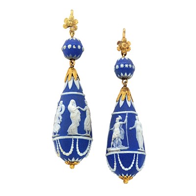 Lot 73 - Pair of Antique Gold and Wedgwood Pendant-Earrings