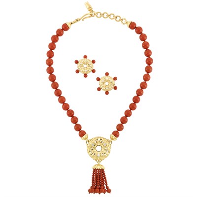 Lot 711 - Gold, Jasper Bead and Diamond Fringe Necklace and Pair of Earclips, Elizabeth Rand