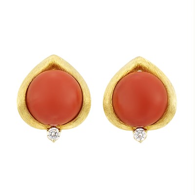 Lot 637 - Pair of Gold, Coral and Diamond Earclips, Henry Dunay