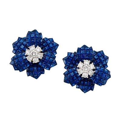 Lot 206 - Pair of Gold, Platinum, Invisibly-Set Sapphire and Diamond Flower Earclips