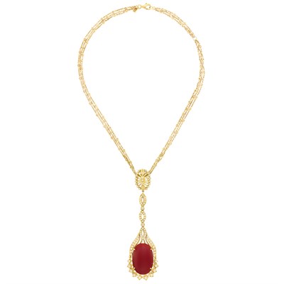 Lot 527 - Triple Strand Gold, Carnelain and Diamond Pendant-Necklace, Doris Panos