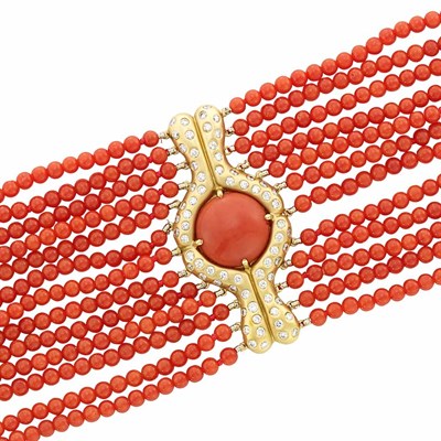 Lot 652 - Twelve Strand Coral Bead, Coral, Gold and Diamond Bracelet