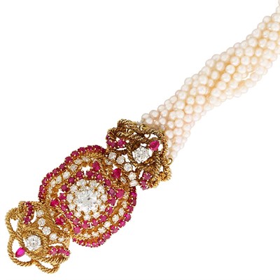 Lot 38 - Twelve Strand Cultured Pearl Torsade Bracelet with Gold, Diamond and Ruby Clasp