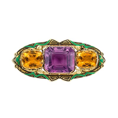 Lot 137 - Gold, Amethyst, Citrine and Enamel Brooch