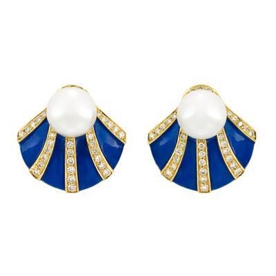 Lot 25 - Pair of Gold, Blue Enamel, Freshwater Button Pearl and Diamond Earclips