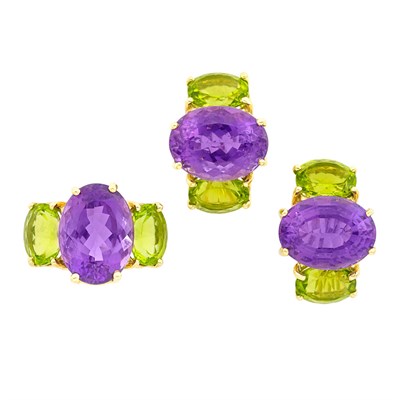 Lot 151 - Pair of Gold, Amethyst and Peridot Earclips and Ring