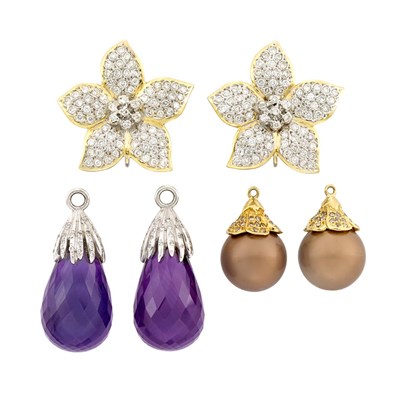 Lot 492 - Pair of Two-Color Gold and Diamond Flower Earrings with Amethyst Briolette and Brown Cultured Pearl Pendants