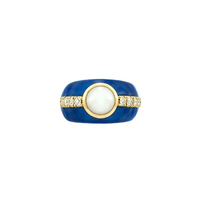 Lot 27 - Gold, Blue Enamel, Freshwater Button Pearl and Diamond Ring