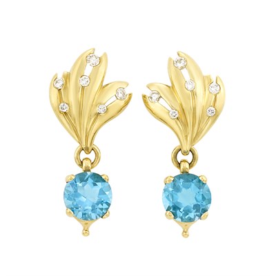 Lot 401 - Pair of Gold, Diamond and Blue Topaz Pendant-Earrings