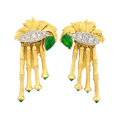 Lot 514 - Pair of Two-Color Gold, Tsavorite and Diamond Fringe Earclips