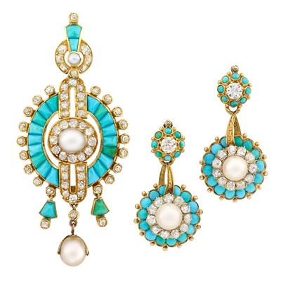 Lot 63 - Antique Gold, Pearl, Turquoise and Diamond Pendant-Brooch and Pair of Pendant-Earrings