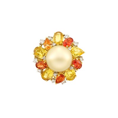 Lot 600 - Gold, Light Golden Cultured Pearl, Diamond and Yellow and Orange Sapphire Ring