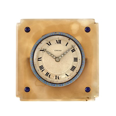 Lot 98 - Art Deco Agate, Enamel, Cabochon Synthetic Sapphire and Diamond Desk Clock, Cartier