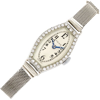 Lot 436 - White Gold, Low Karat White Gold and Diamond Mesh Wristwatch, Rolex