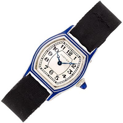 Lot 128 - Lady's Platinum, Gold, and Blue Enamel Wristwatch, Cartier, France, European Watch & Clock Co. Inc.