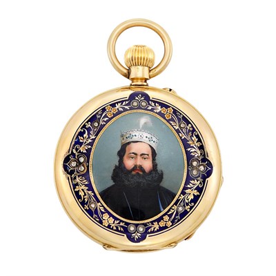 Lot 80 - Antique Gold, Portrait Enamel and Diamond 'King of Calcutta' Hunting Case Pocket Watch