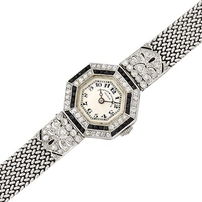 Lot 118 - Lady's Platinum, White Gold, Black Enamel and Diamond Wristwatch, Vacheron & Constantin