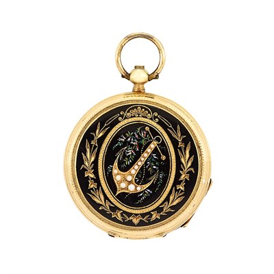 Lot 421 - Lady's Gold, Enamel and Split Pearl Open Face Pendant-Watch