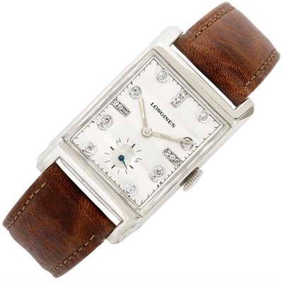 Lot 352 - Gentleman's White Gold and Diamond Curved Rectangular Wristwatch, Longines
