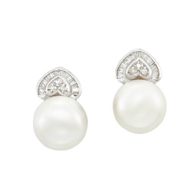Lot 451 - Pair of White Gold, Diamond and South Sea Cultured Pearl Earrings
